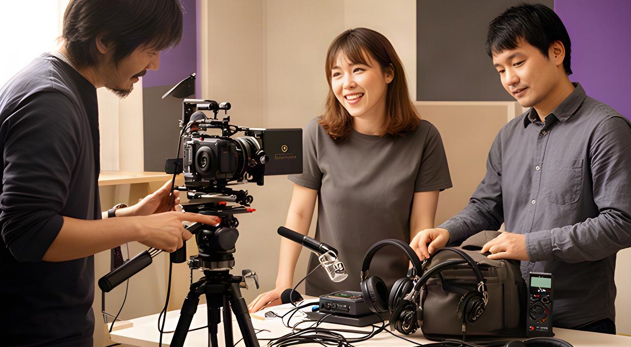 水俣の制作スタジオで、スタッフがカメラと音声機材を整えながら収録の準備を進めている様子