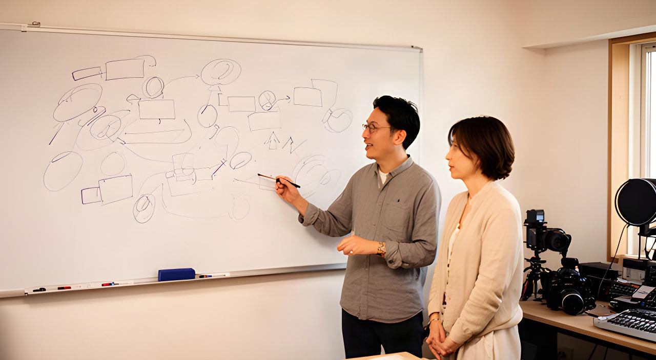 水俣の小さな制作スタジオで、事業者と企画担当者がホワイトボードに発信計画を書き出している様子