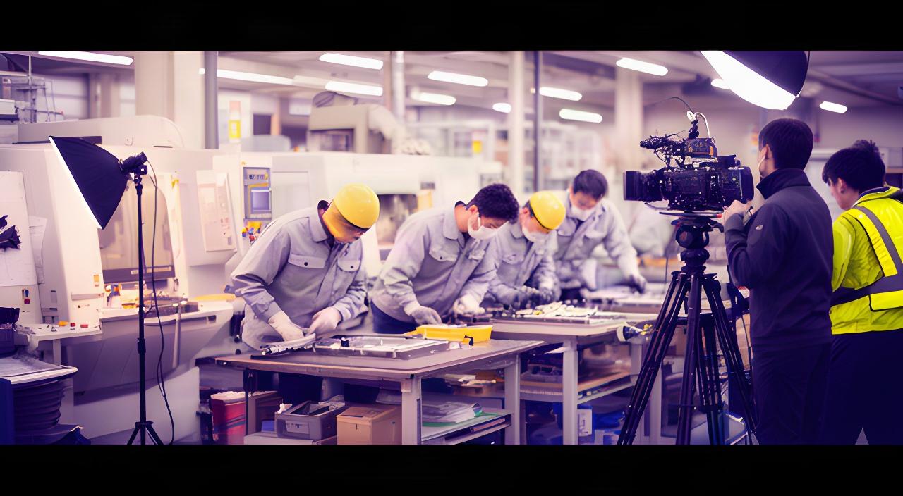 熊本県南部の製造現場で、社員が作業する様子を撮影スタッフがカメラと照明で記録している