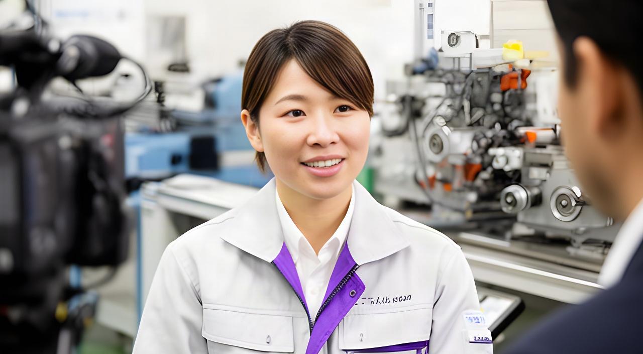 熊本県南部の明るい職場で、社員が撮影スタッフの質問に答え、背後に日々使う設備が見える