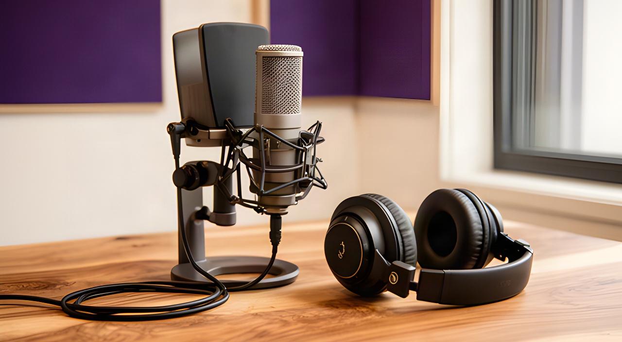 水俣の収録スタジオで、マイクとヘッドホンが並ぶ木目のテーブルを準備している様子